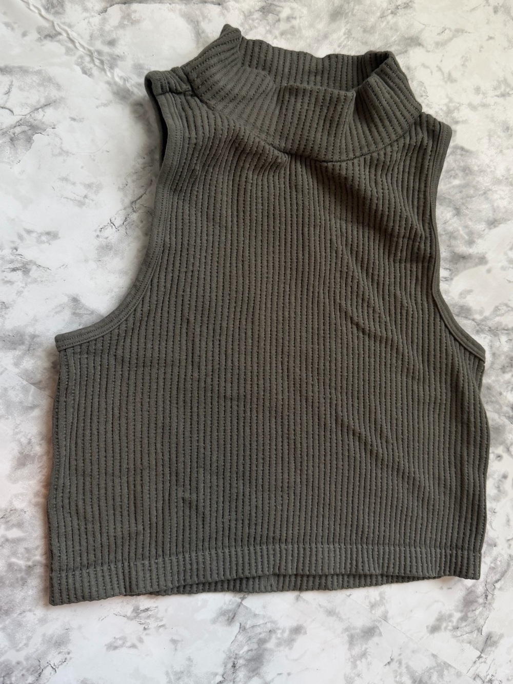 Sleeveless Ribbed High Neck Crop Top - Olive Green xs